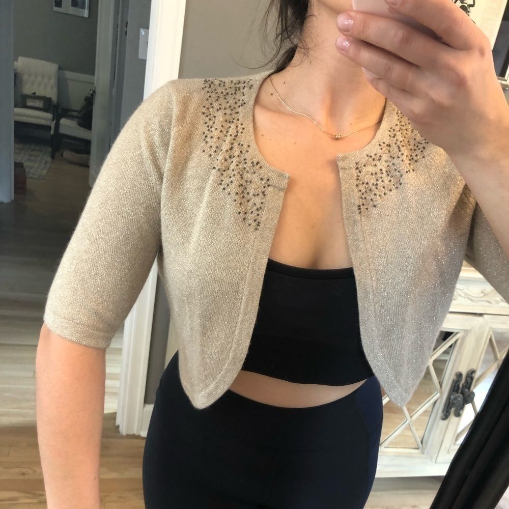 Kay Unger Romantic Nude Beaded Crop Top Jacket Open Cardigan  Size M
